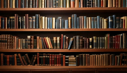 Rich, warm tones highlight antique books meticulously arranged on a wooden bookshelf.  Perfect for projects needing a classic, scholarly, or nostalgic feel; evokes themes of history, knowledge, and