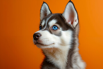 Obraz premium A husky dog with blue eyes looking up at the camera