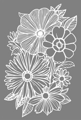 white graphic contour drawing of a bouquet of flowers on a gray background, design