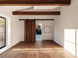 Obraz premium A large open room with a wooden door and a window