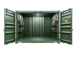 Open Green Shipping Container with Gear Storage Isolated on transparent background