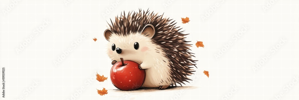 Poster illustrated hedgehog carrying a bright red apple on its back surrounded by falling leaves in a whims