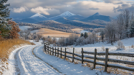 Fototapeta premium Rolling snow-covered hills with distant mountains and a winding path in winter