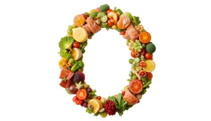 Number 0 made of healthy food. Healthy eating of vegetables, fruits and fish on white background. Food number 0 isolated on white. Healthy food, balanced, food trends, sustainable concept