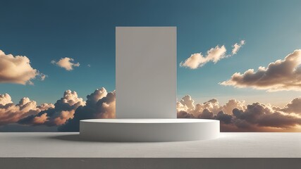 Blank white podium on white colors background, 3d renderNatural beauty podium backdrop for product display with dreamy sky background. Romantic 3d scene.