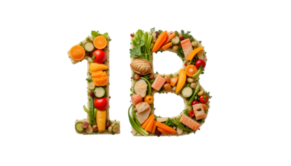  Number 1B made of healthy food. Healthy eating of vegetables, fruits and fish on white background. Food number 1B isolated on white. Healthy food, balanced, food trends, sustainable concept