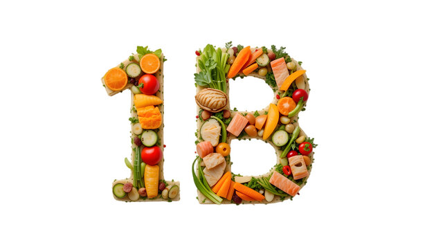  Number 1B made of healthy food. Healthy eating of vegetables, fruits and fish on white background. Food number 1B isolated on white. Healthy food, balanced, food trends, sustainable concept