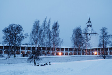 View of the Kirillo-Belozersky Monastery in the evening under artificial light. Vologda region