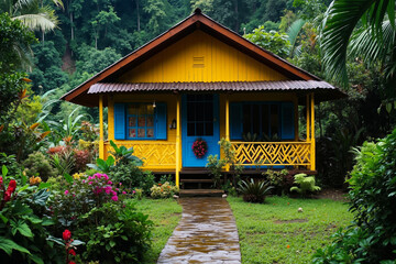 Obraz premium A small yellow house with blue shutters in the middle of a lush green garden
