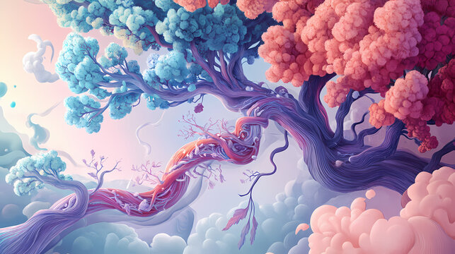 Asthma dynamic breathing flowchart showing how airflow tracked and treated with bronchodilators and corticosteroids under pulmonology. Treetide. Illustration