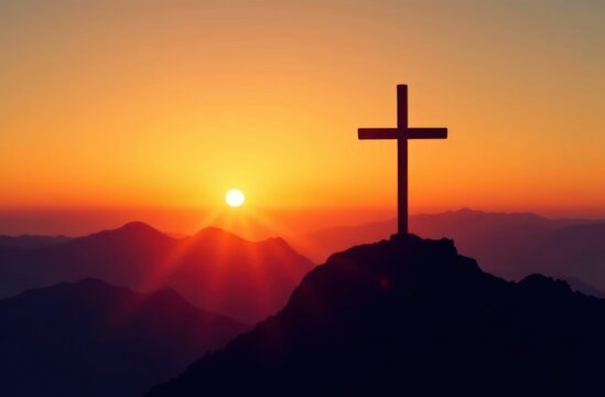 cross silhouette on the mountain at sunset