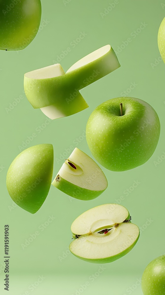 Aufkleber whole and sliced green apples levitating against a plain green background, creating a vibrant and dy