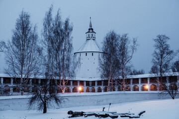 View of the Kirillo-Belozersky Monastery in the evening under artificial light. Vologda region