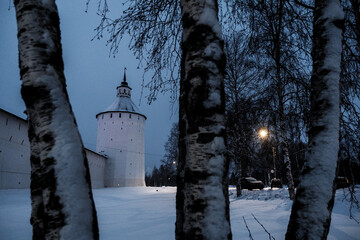 View of the Kirillo-Belozersky Monastery in the evening under artificial light. Vologda region
