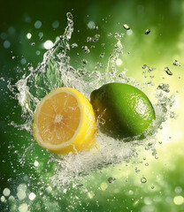 Fresh Lemon and Lime Splashed in Water with a Green Background, Vibrant and Refreshing  

