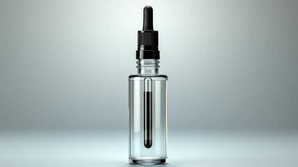 A clear bottle with a black cap and a black dropper