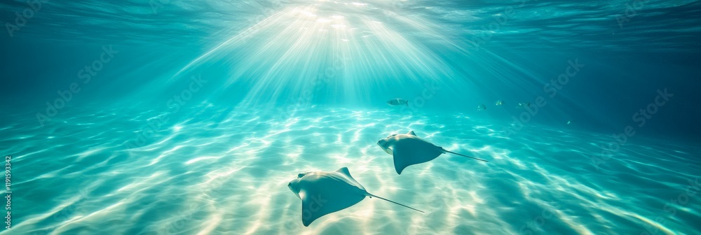 Poster sunbeams filtering through crystal clear turquoise water illuminate two stingrays gracefully gliding