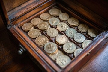 A rustic wooden chest is open, revealing a collection of shining gold coins neatly arranged inside. The warm light accentuates the texture of the coins and wood