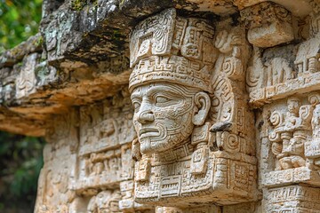 Obraz premium Detailed look at Aztec glyphs carved into stone telling stories of war conquest and divine interventions