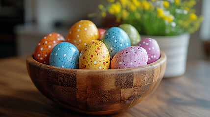 Easter bright eggs in a wooden bowl. Interior photography.