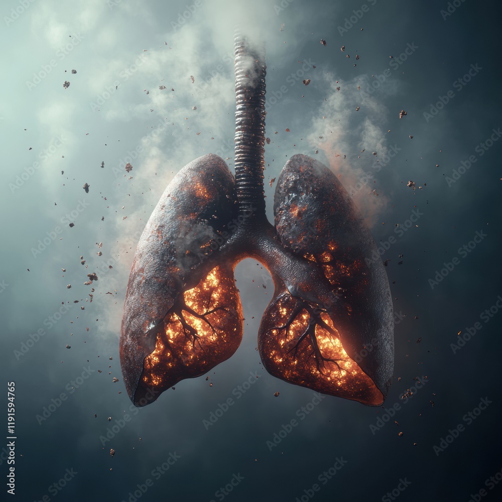 Poster realistic lungs surrounded by smog and dust particles highlighting the impact of pollution on respir