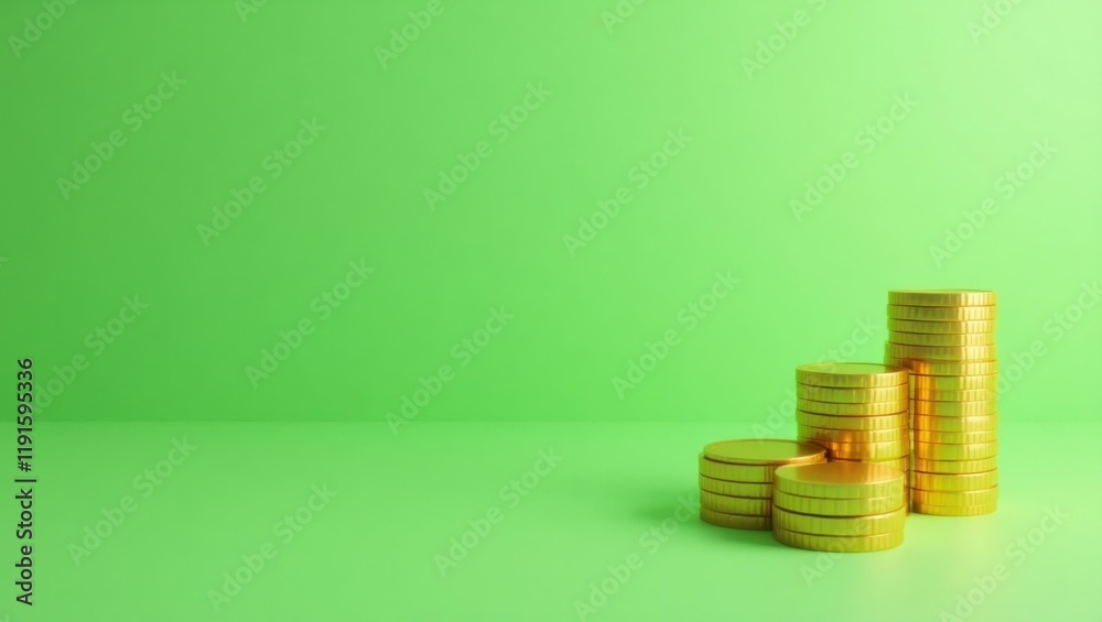 Poster golden coin stack on left. soft green background. copy space for text, 3d render ai generated design
