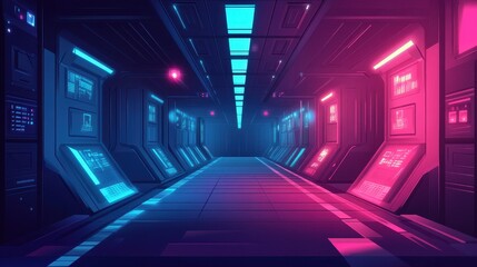 Fototapeta premium Futuristic Neon Lit Spaceship Corridor Design