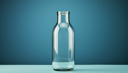 A glass bottle is sitting on a table
