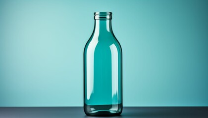 A clear glass bottle sits on a table