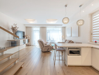 Modern Home Living Room and Kitchen Interior. Luxurious Stylish Modern Apartment. Open Interior, Stylish Sofa, White Furniture, Scandinavian Design. TV In Background, Microwave in Foreground