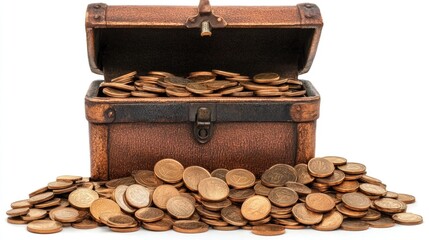 A well-worn chest rests open, revealing a vast collection of gleaming gold coins spilling out onto the surface, exuding an air of mystery and wealth
