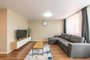 Modern Home Living Room Interior. Luxurious Stylish Modern Apartment. Open Space, Stylish Sofa, Coffee Table, Scandinavian Design. Windows and Curtains. Carpet on the Floor, TV Screen on the Desk