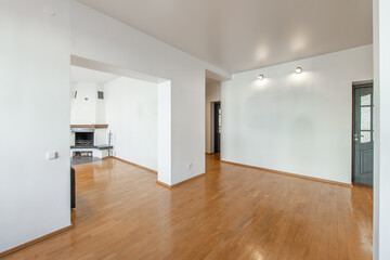 Classic Home Open Space Kitchen Interior. Wooden Floor, Minimalistic Interior Design. Entrance to Living Room n Background