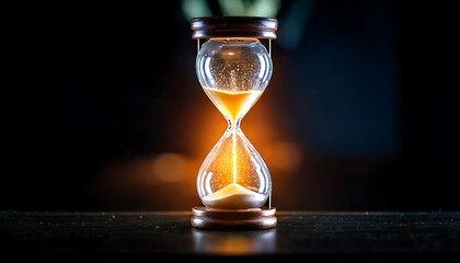 Dramatic close-up of an hourglass with sand flowing, illuminated against a dark background.  Perfect for concepts of time, deadline, urgency, or the fleeting nature of moments.