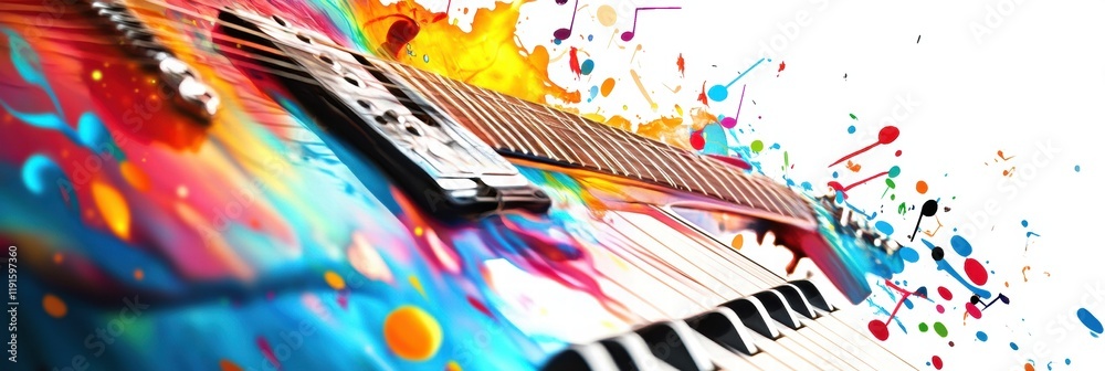 Poster Creative explosion of colors around musical instruments showcasing artistic expression and joy through sound and melody. Generative AI