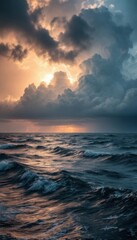 Dramatic seascape with dark clouds, lightning strikes, and a vibrant sunset over wavy ocean