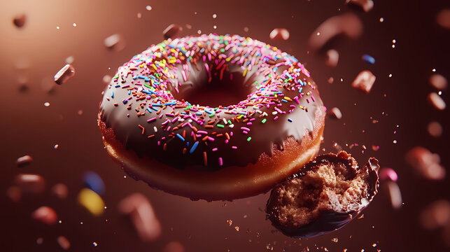 A mouthwatering chocolate donut adorned with colorful sprinkles, artistically presented with a bite taken out of it, emphasizing its delicious appeal. Treetide. Illustration