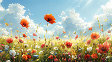 Obraz premium Vibrant wildflower meadow under a sunny sky.