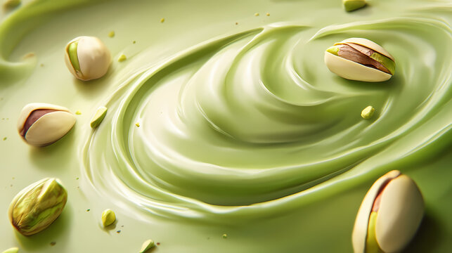 A smooth pool of green pistachio cream surrounds a few scattered pistachios in their shells, creating a vibrant and delicious display. Treetide. Illustration