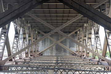 Underneath metal structure of Burnside Bridge in Portland Oregon.