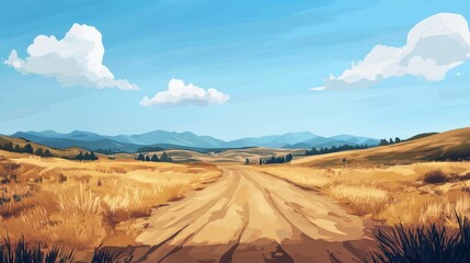 Fototapeta premium Serene Country Road Winding Through Golden Fields and Mountains