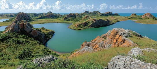 Coastal landscape with rocky hills and turquoise inlets