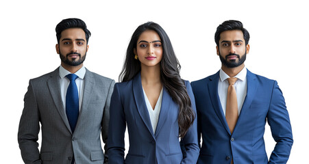 Young Indian business professionals posing in a mix of formal and traditional attire, blending modern professionalism with cultural heritage. Concept of Young and confident Indian talent 