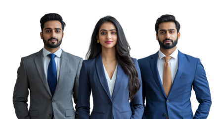 Young Indian business professionals posing in a mix of formal and traditional attire, blending modern professionalism with cultural heritage. Concept of Young and confident Indian talent 