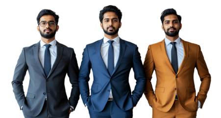 Young Indian business professionals posing in a mix of formal and traditional attire, blending modern professionalism with cultural heritage. Concept of Young and confident Indian talent 