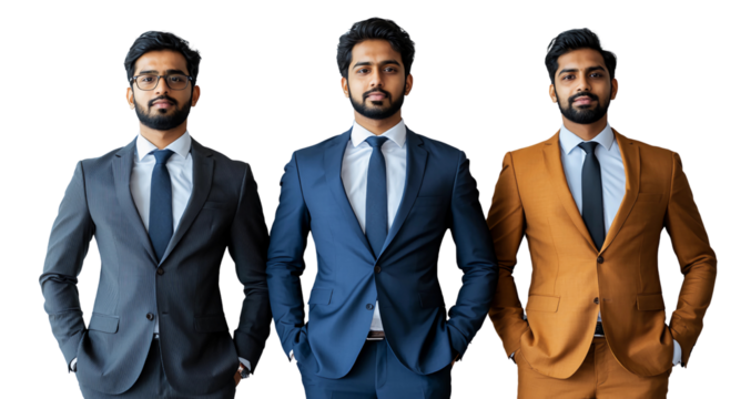 Young Indian business professionals posing in a mix of formal and traditional attire, blending modern professionalism with cultural heritage. Concept of Young and confident Indian talent 