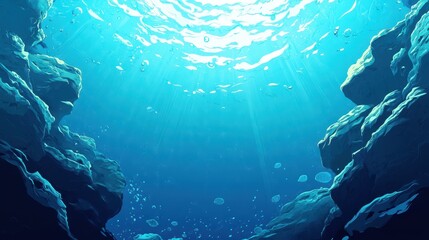 Obraz premium Underwater Scene Depicting Sunlit Rocks and Bubbles
