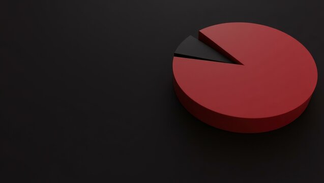 Rose red economic pie chart on right. Red pie chart segment on black b