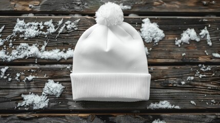 A white hat with a pom pom on top sits on a wooden table