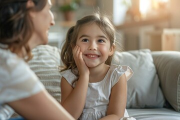happy young girl sitting on a sofa learning sign language from a woman.